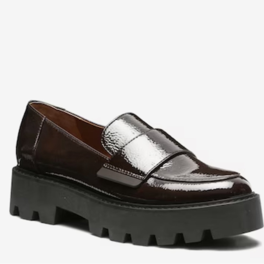 Franco Sarto Women's Patent Loafer in Dark Brown with Black Sole